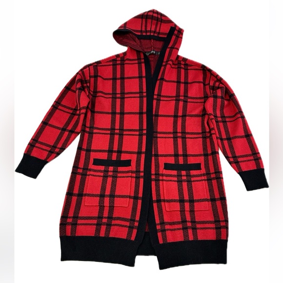 Fashion Open Front Long Red Sweater with Hood Size Large - Picture 4 of 9